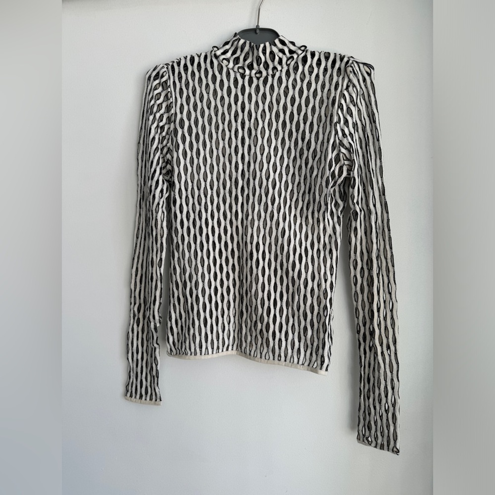 Beaufille open knit turtleneck top, black & white, size large
